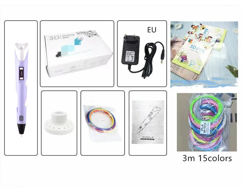 Children's 3D printing pen set with yellow pen, USB cable, and 3-colour filament on a table