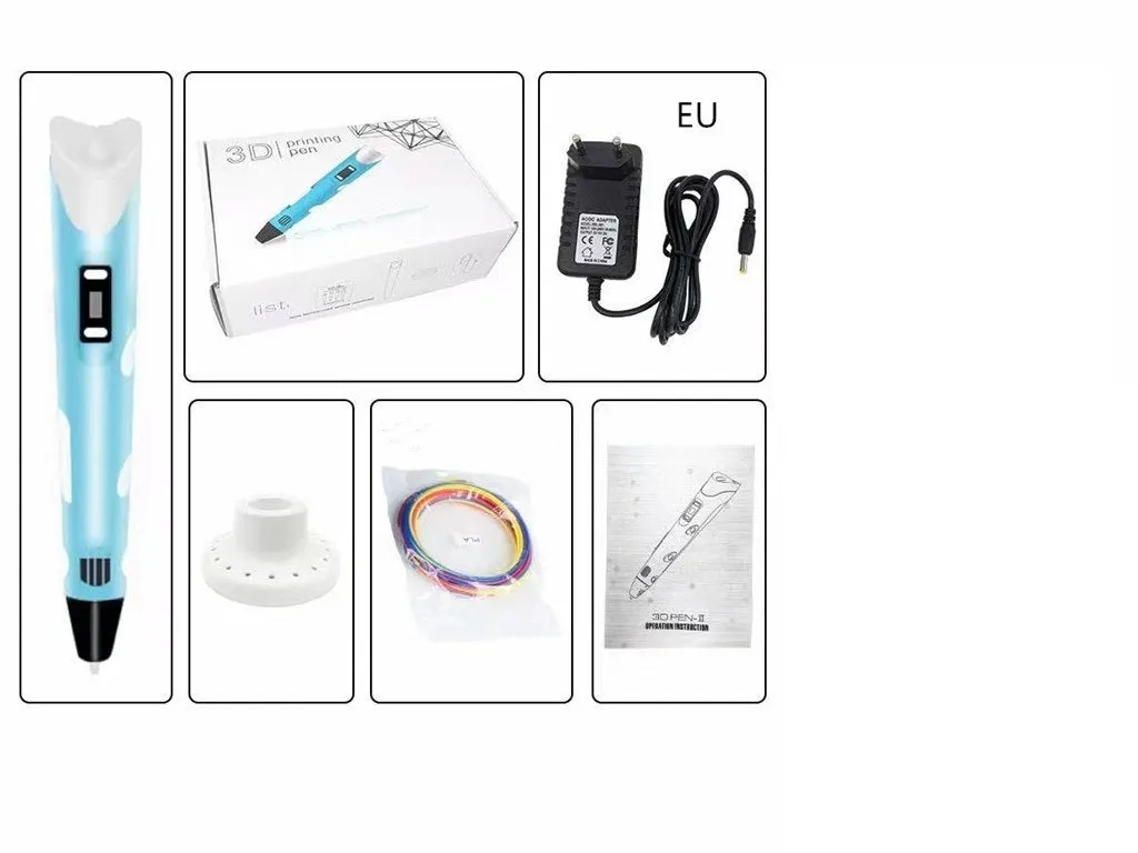 Children's 3D printing pen set with yellow pen, USB cable, and 3-colour filament on a table