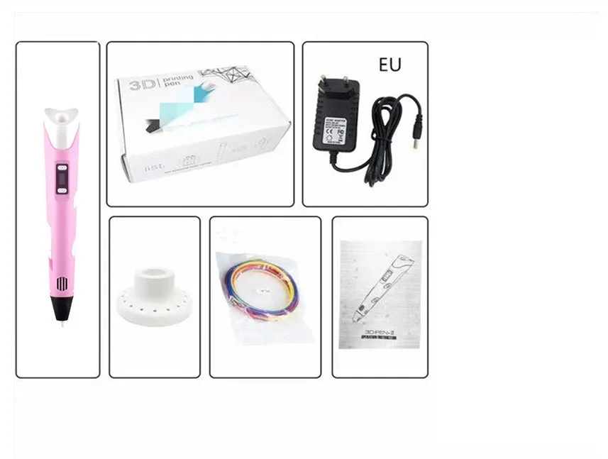 Children's 3D printing pen set with yellow pen, USB cable, and 3-colour filament on a table