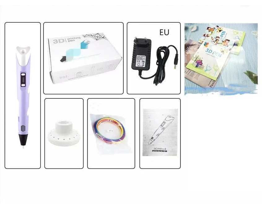 Children's 3D printing pen set with yellow pen, USB cable, and 3-colour filament on a table