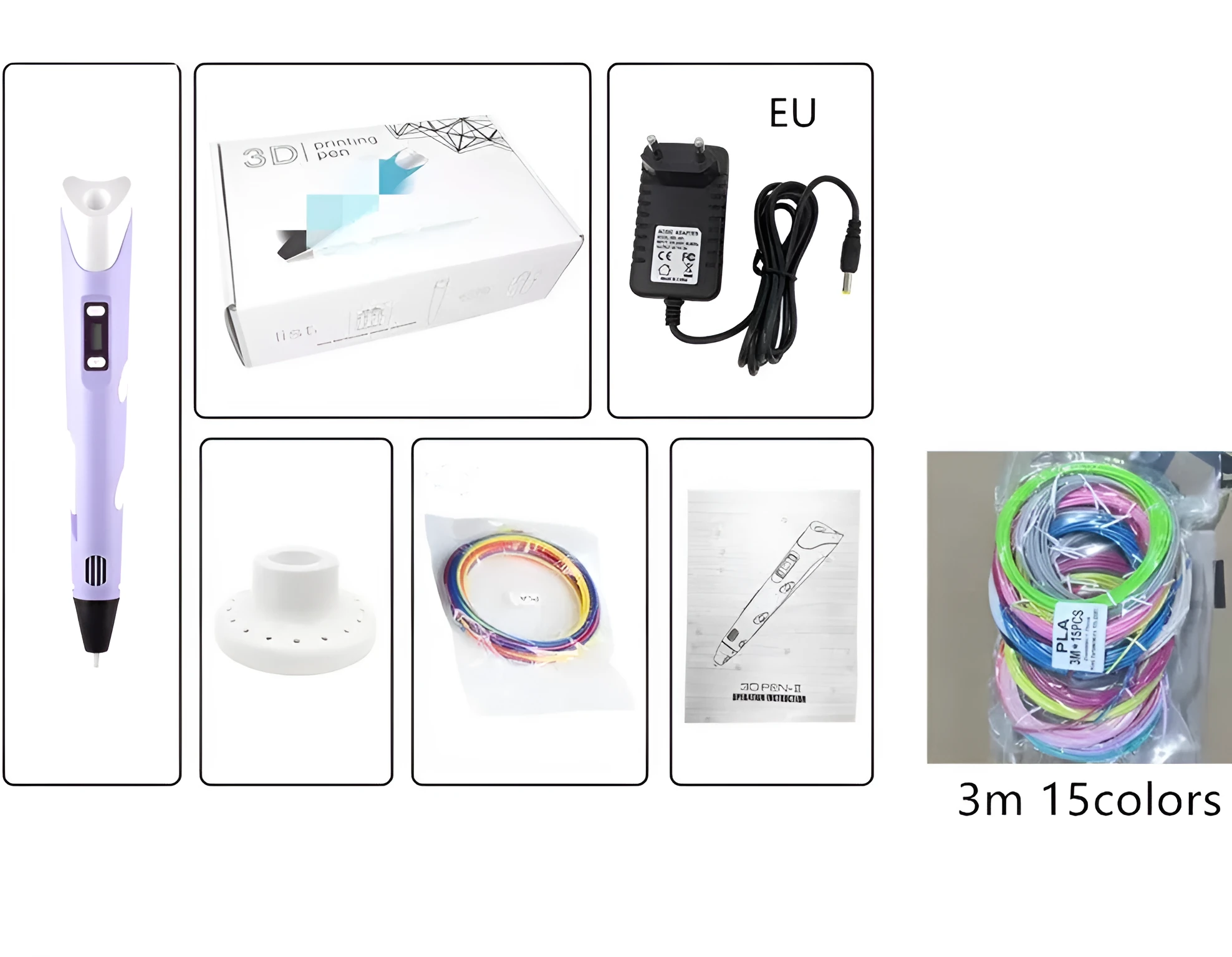 Children's 3D printing pen set with yellow pen, USB cable, and 3-colour filament on a table
