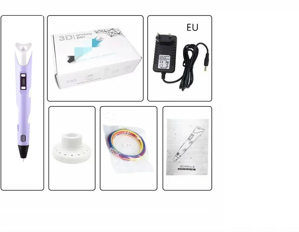 Children's 3D printing pen set with yellow pen, USB cable, and 3-colour filament on a table