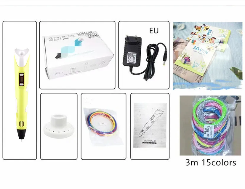 Children's 3D printing pen set with yellow pen, USB cable, and 3-colour filament on a table