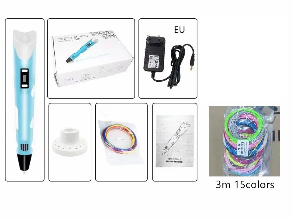 Children's 3D printing pen set with yellow pen, USB cable, and 3-colour filament on a table