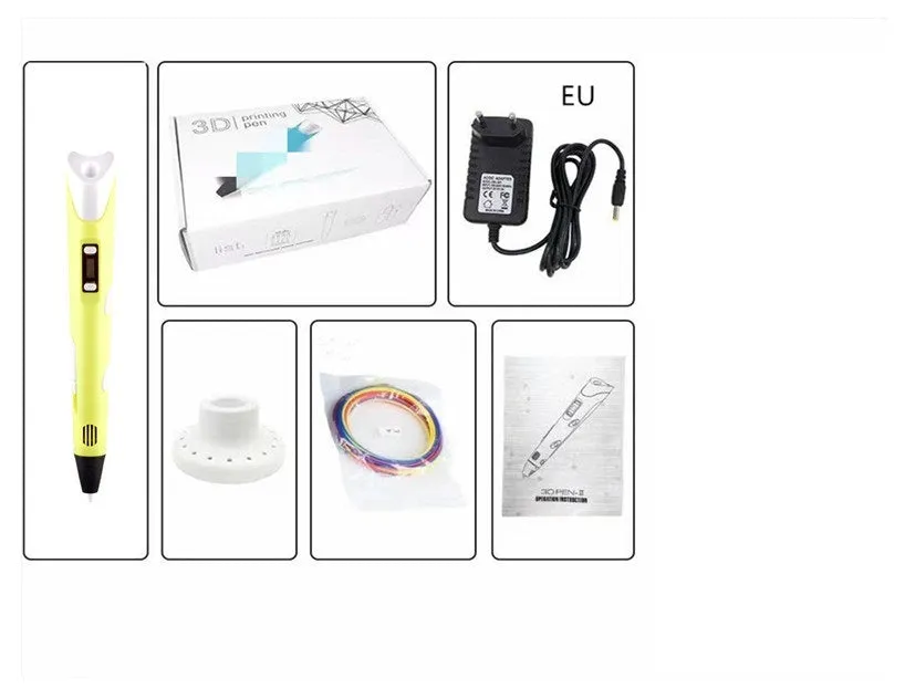 Children's 3D printing pen set with yellow pen, USB cable, and 3-colour filament on a table