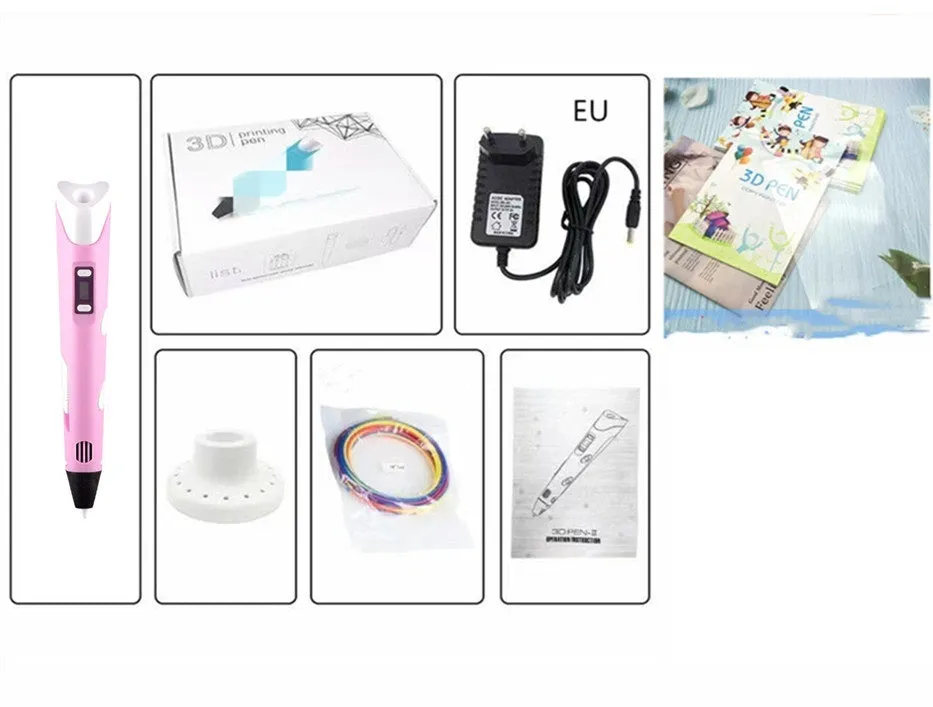 Children's 3D printing pen set with yellow pen, USB cable, and 3-colour filament on a table