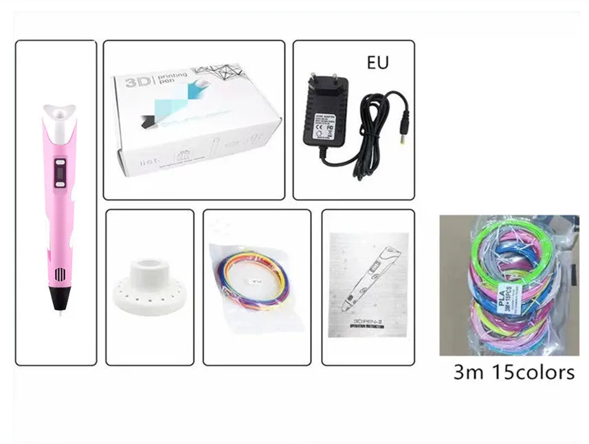 Children's 3D printing pen set with yellow pen, USB cable, and 3-colour filament on a table