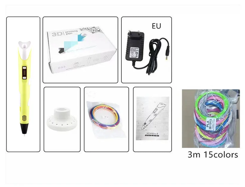Children's 3D printing pen set with yellow pen, USB cable, and 3-colour filament on a table