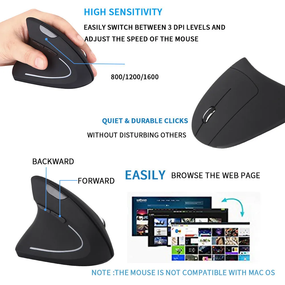 Left hand vertical wireless mouse in black ergonomic design with thumb buttons