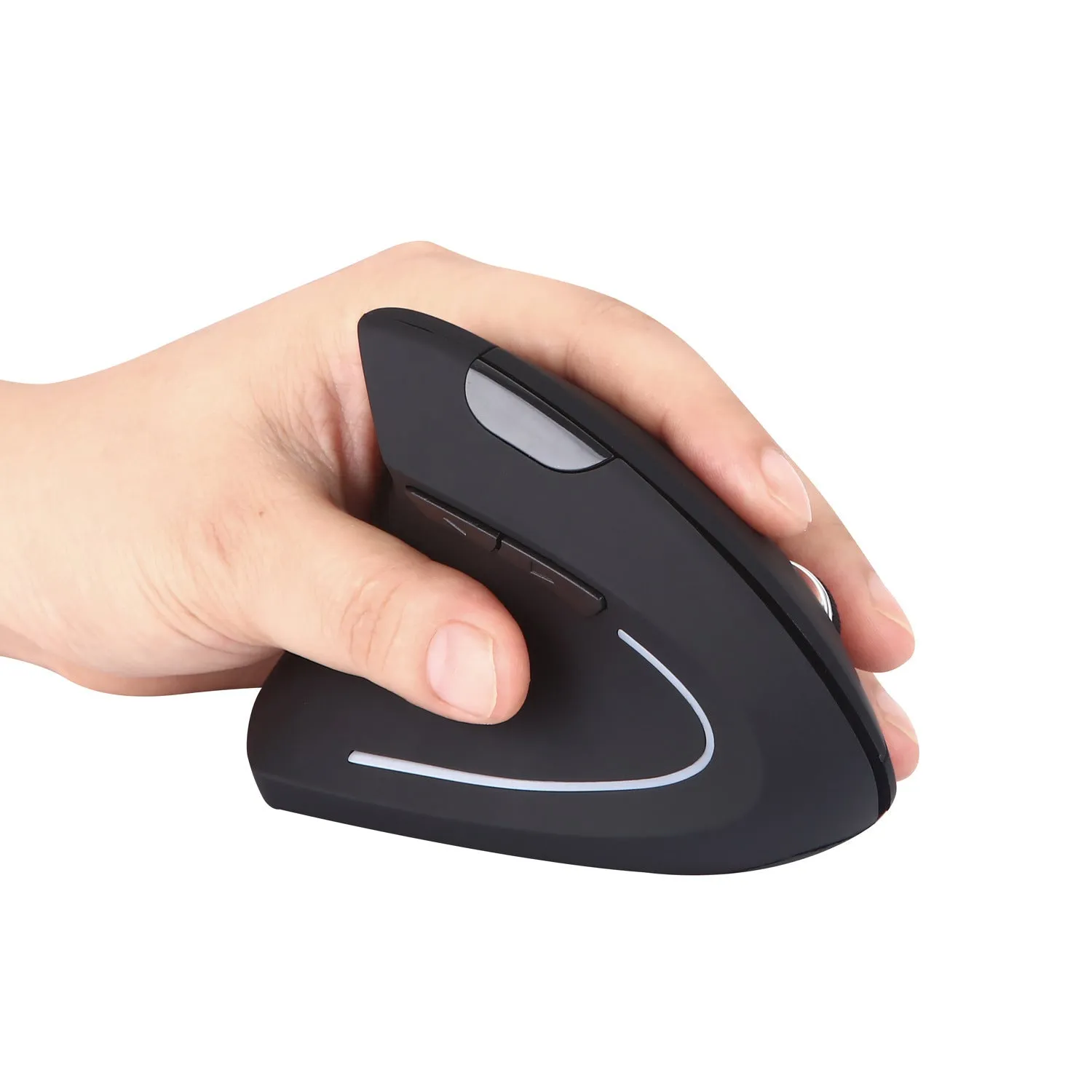 Left hand vertical wireless mouse in black ergonomic design with thumb buttons
