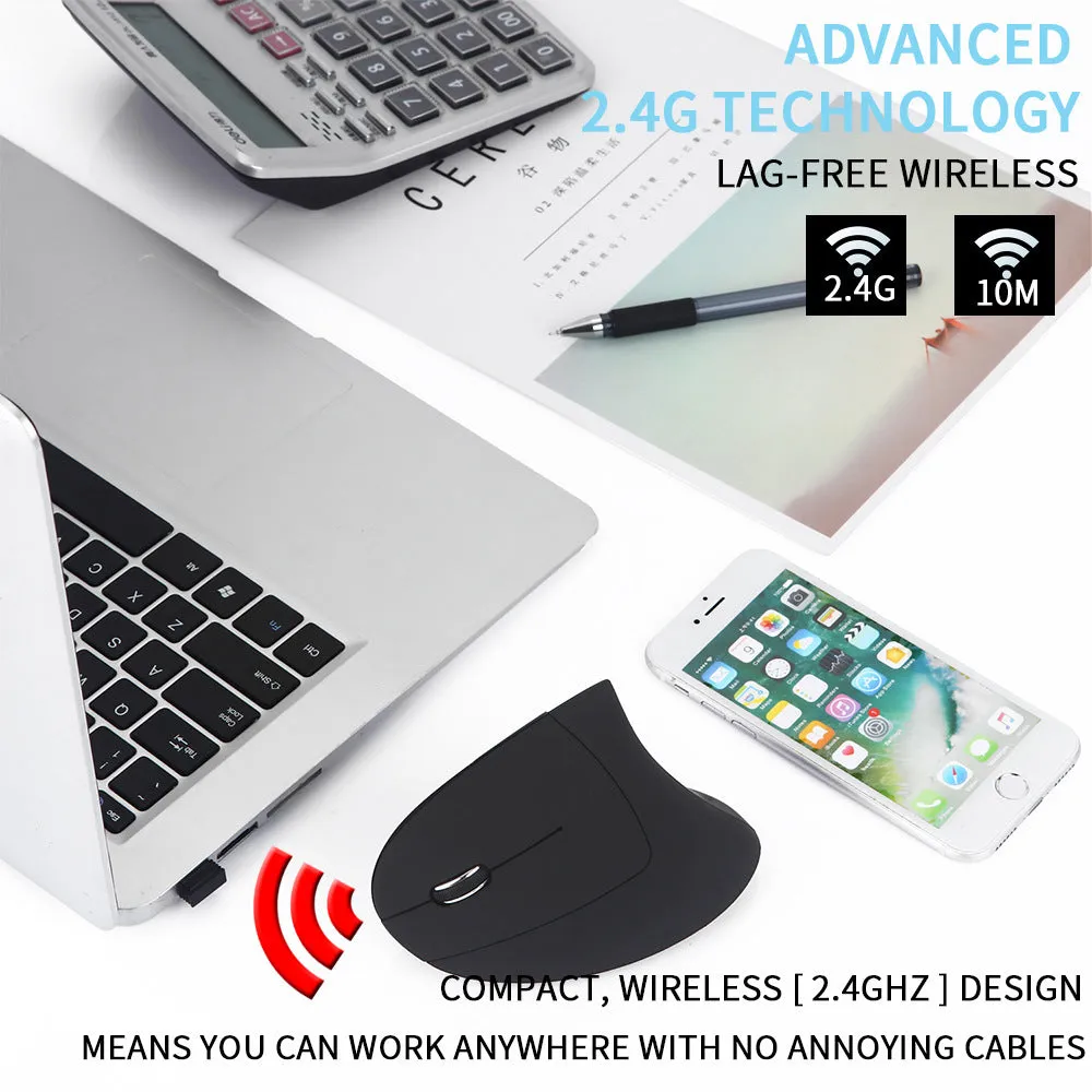 Left hand vertical wireless mouse in black ergonomic design with thumb buttons