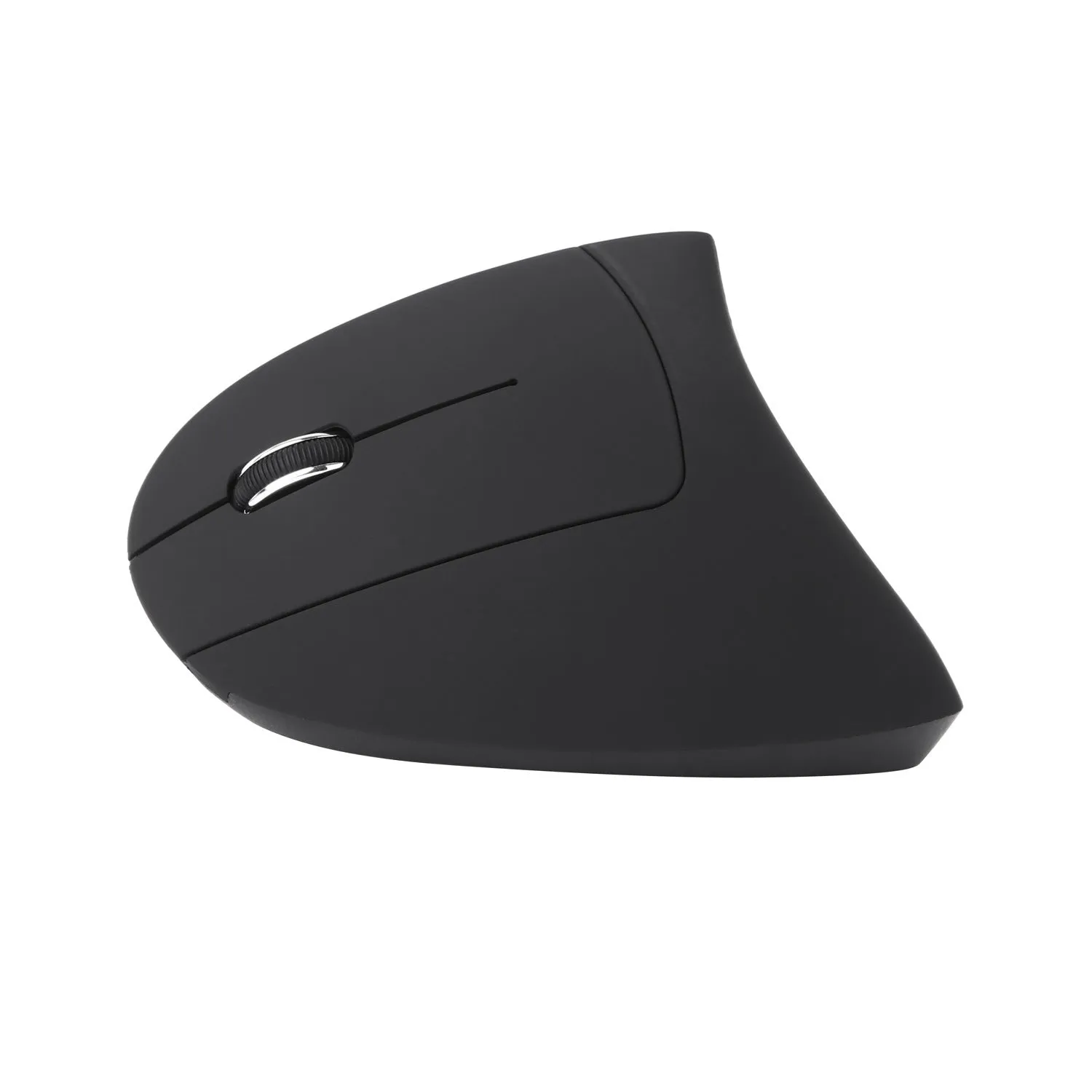 Left hand vertical wireless mouse in black ergonomic design with thumb buttons