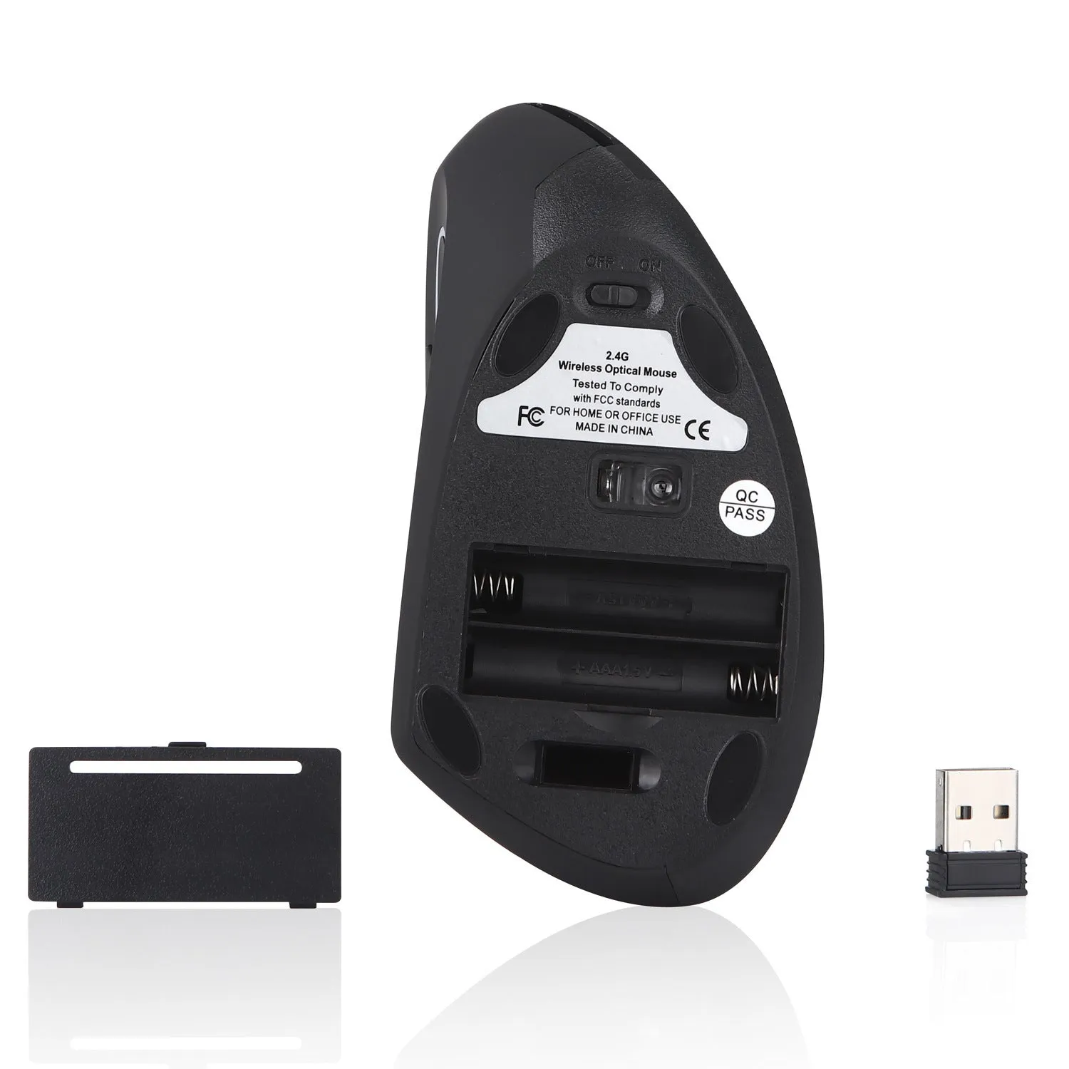 Left hand vertical wireless mouse in black ergonomic design with thumb buttons