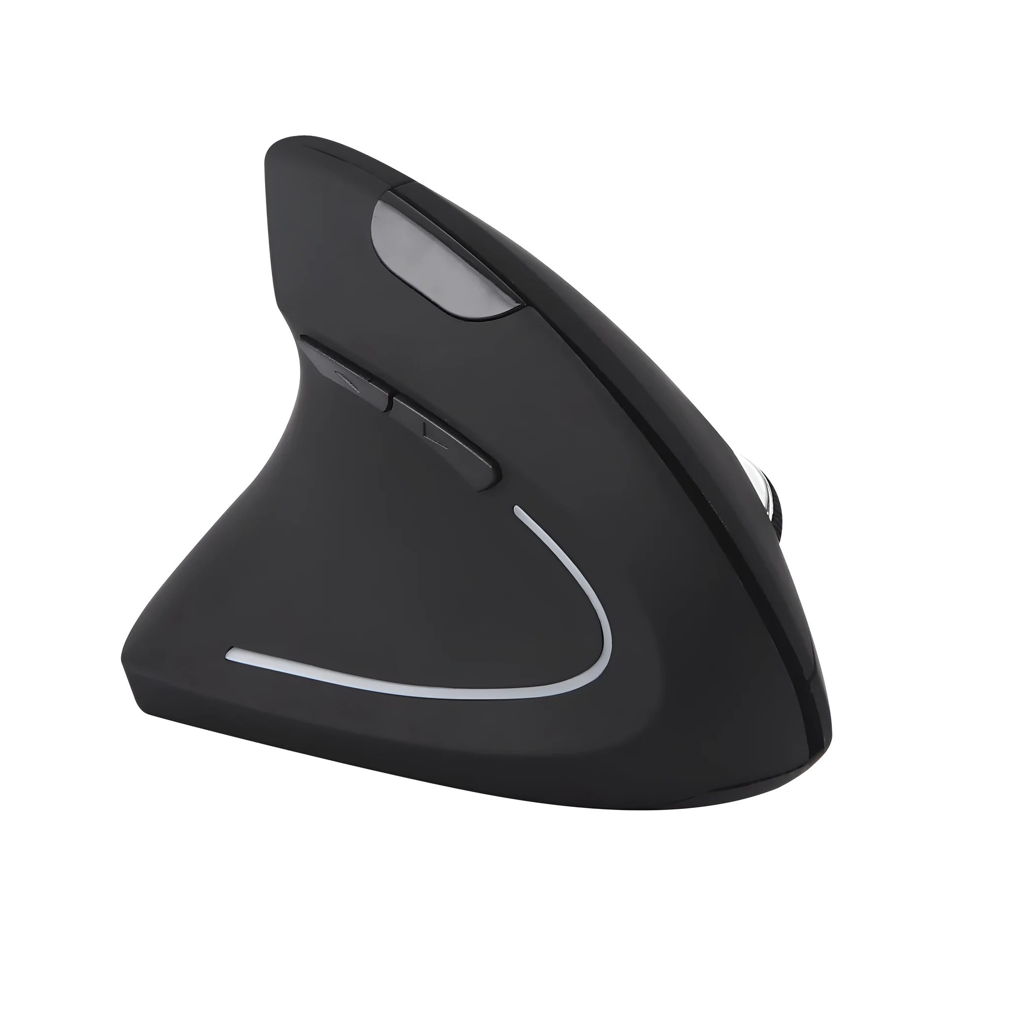 Left hand vertical wireless mouse in black ergonomic design with thumb buttons
