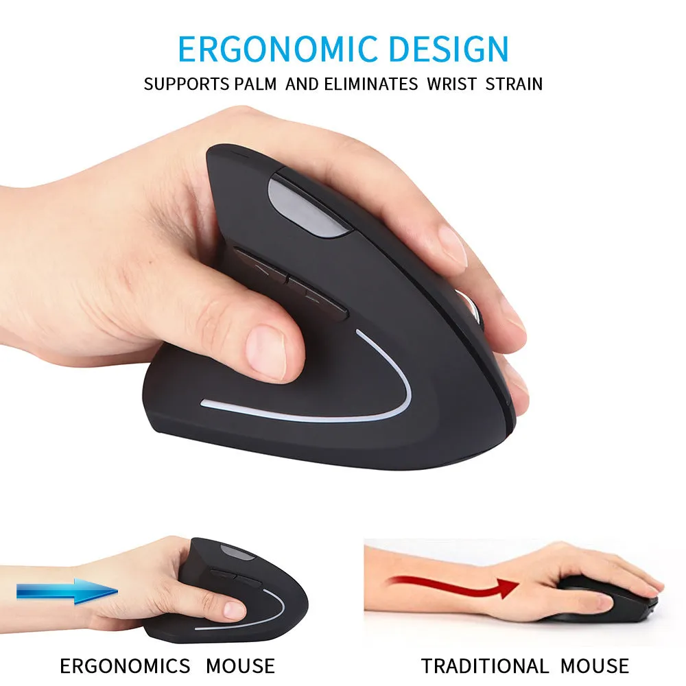 Left hand vertical wireless mouse in black ergonomic design with thumb buttons