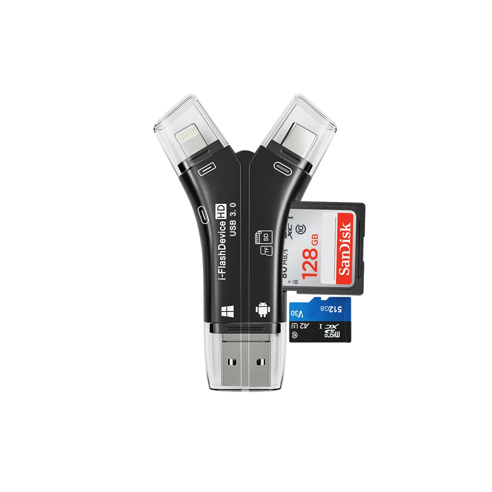 White ABS mobile phone memory card reader supporting SD and TF cards via USB 2.0