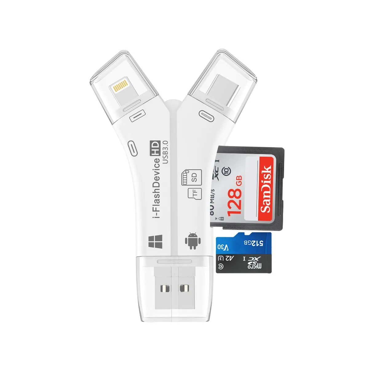 White ABS mobile phone memory card reader supporting SD and TF cards via USB 2.0