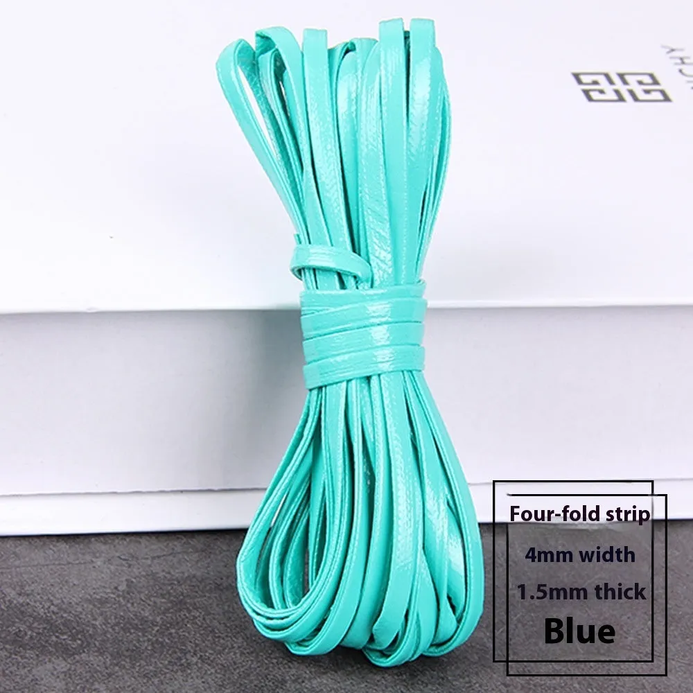 Rolls of PU leather weaving cord in various colours and widths for DIY craft projects.