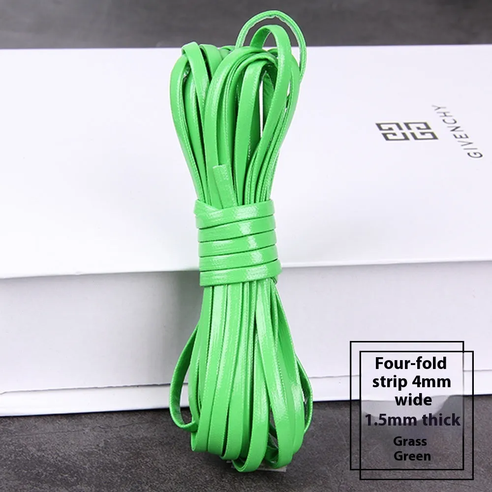 Rolls of PU leather weaving cord in various colours and widths for DIY craft projects.