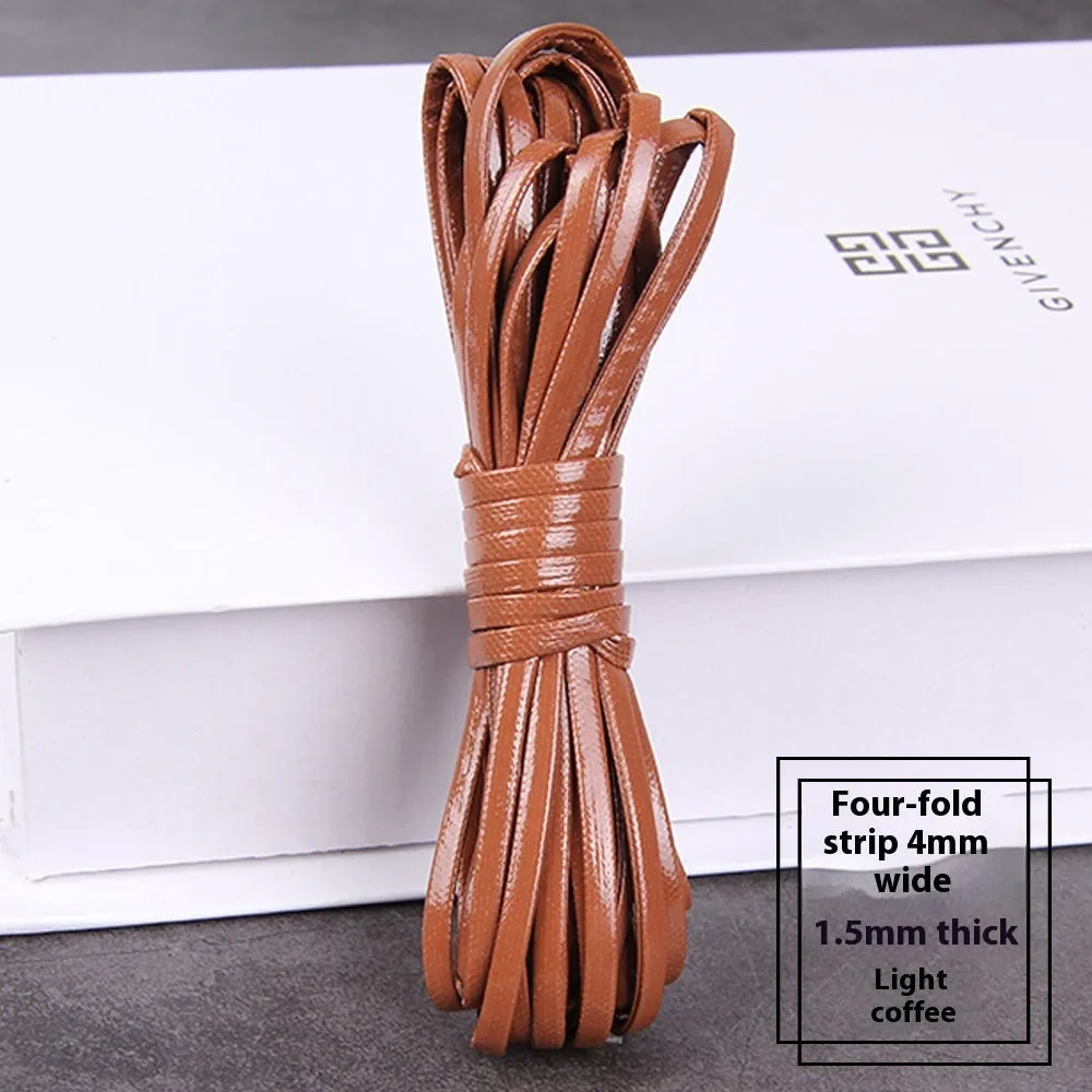 Rolls of PU leather weaving cord in various colours and widths for DIY craft projects.