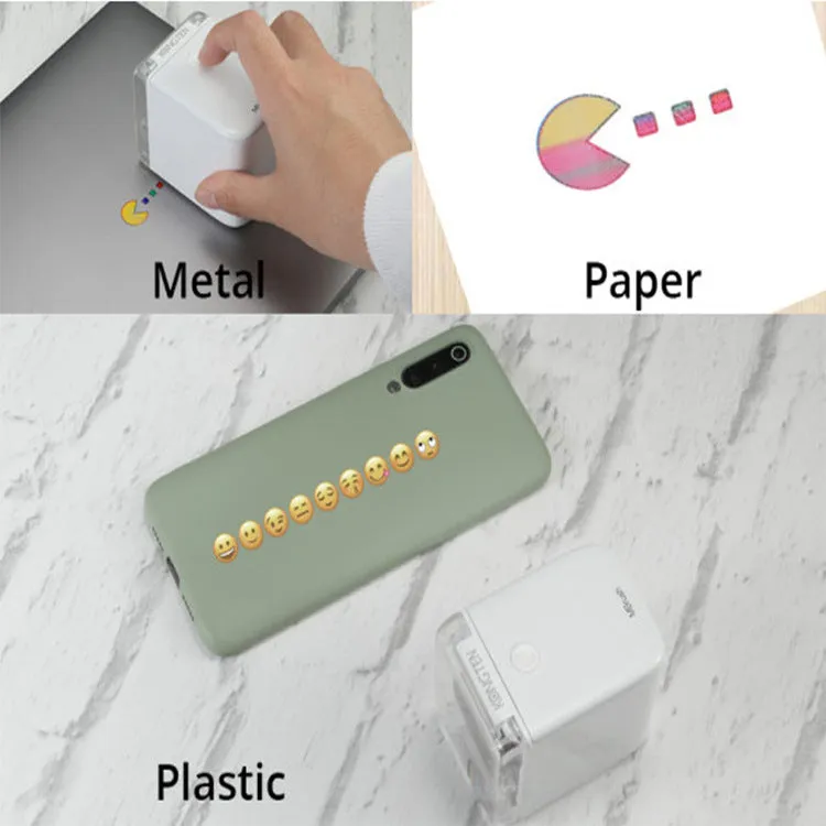 Portable Mbrush color handheld printer in white with ink cartridges showing compact size