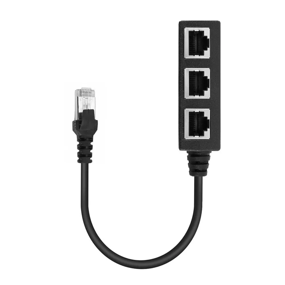 RJ45 network splitter adapter 1 male to 3 female ports black ABS plastic