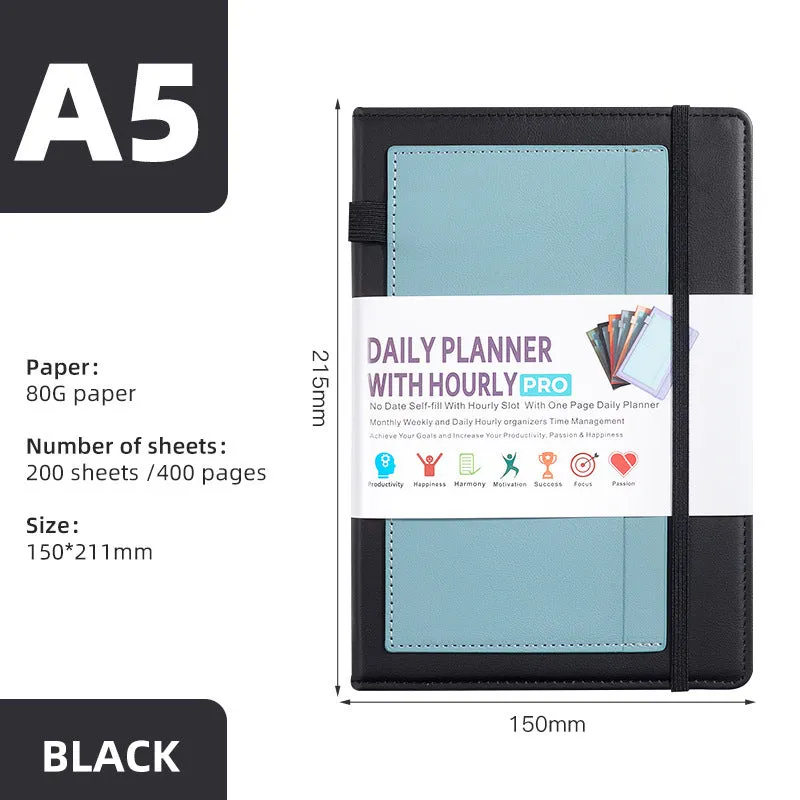 A5 notebook with PU leather cover in various colours, shown open to reveal blank pages and planning stickers.