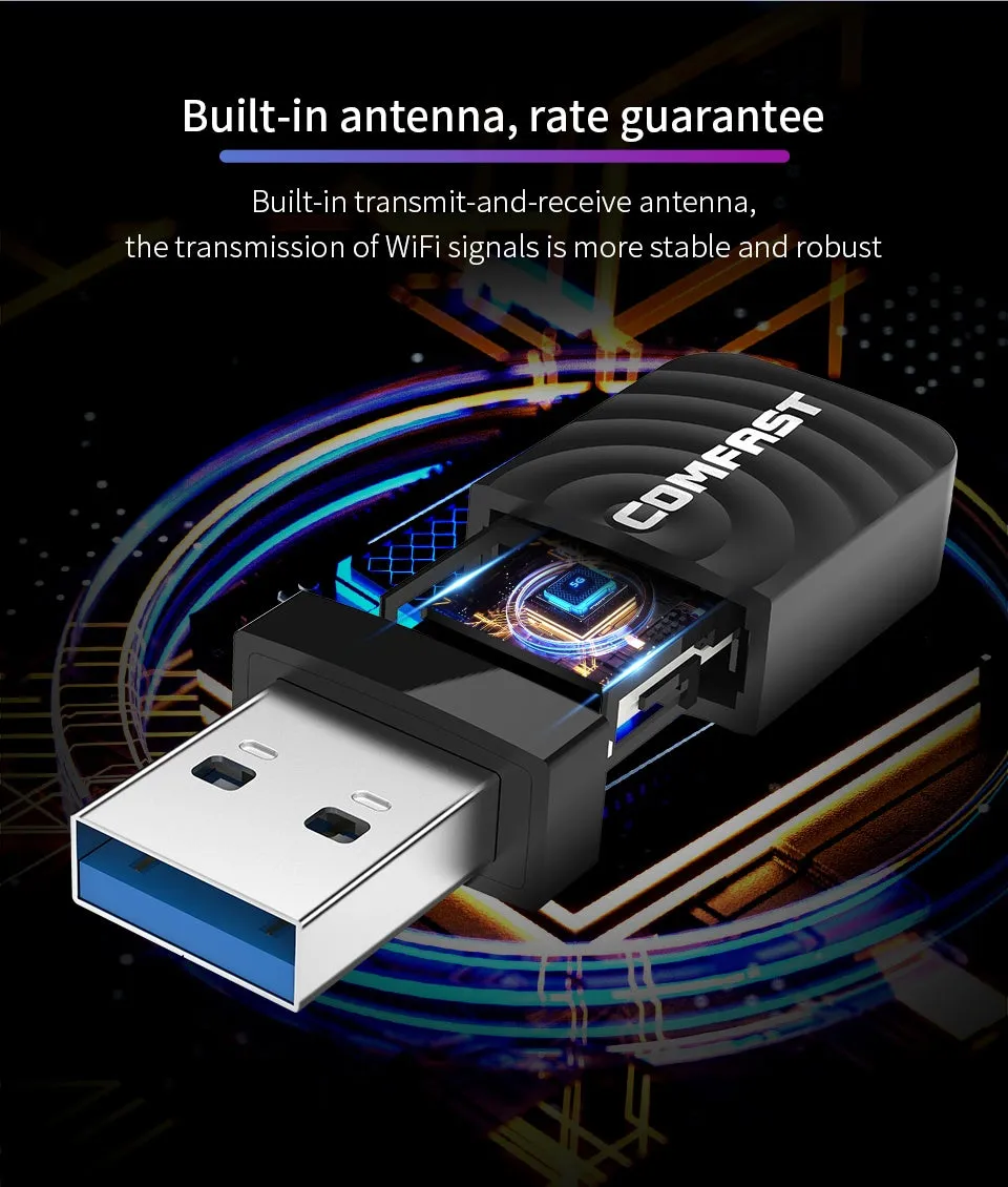 Black USB 3.0 dual band 1300Mbps wireless network adapter for desktop or laptop
