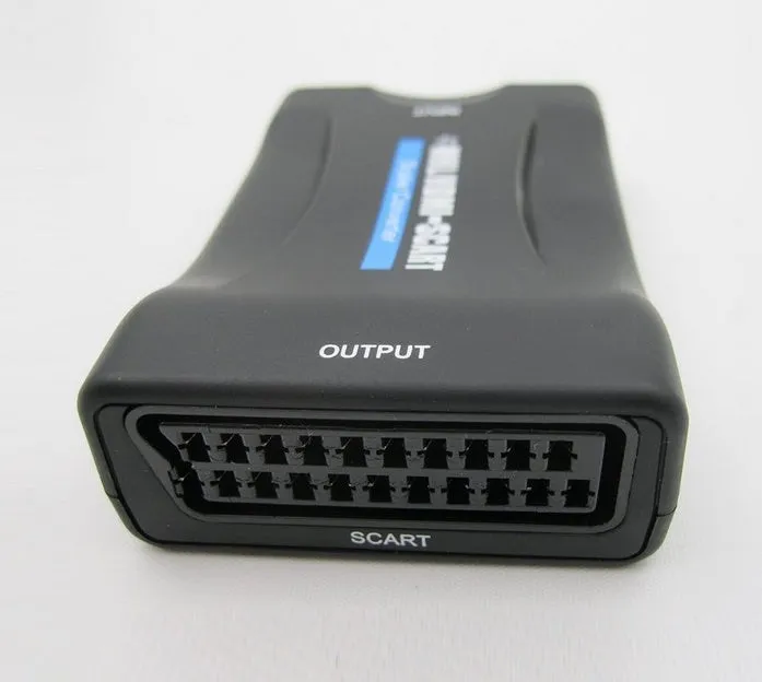 1080P HDMI to SCART bidirectional converter in black ABS plastic housing with USB cable