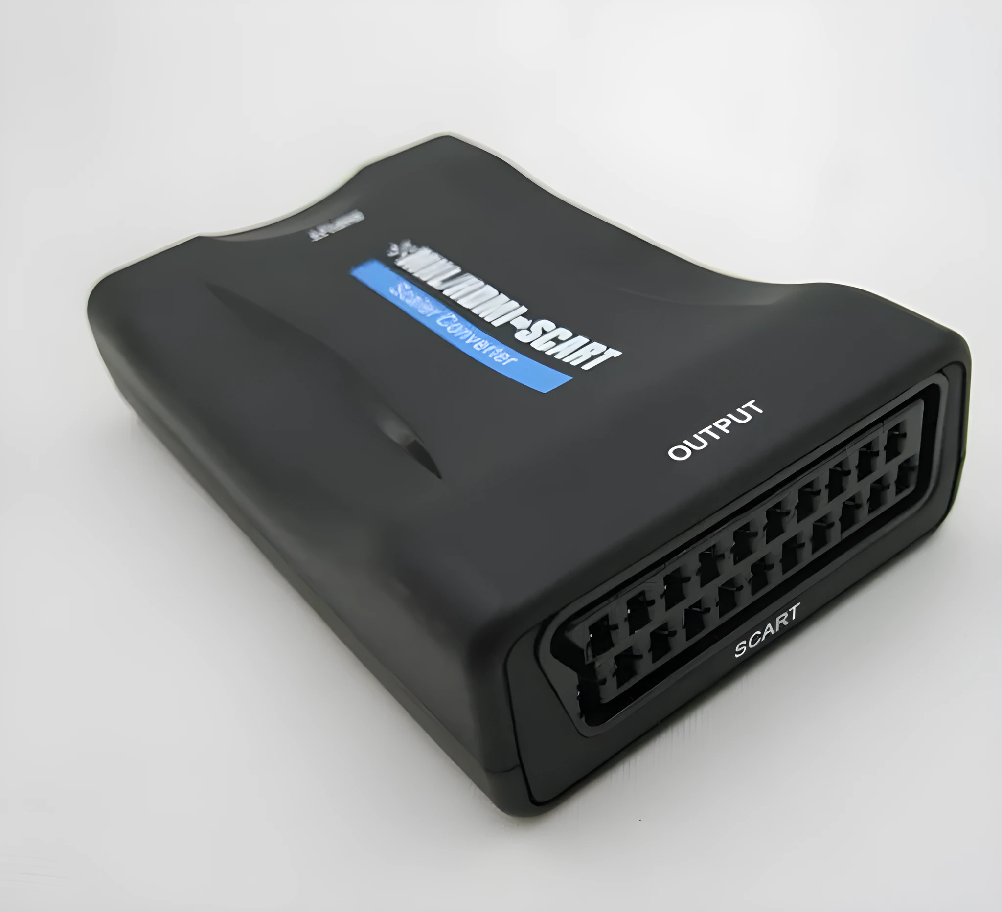 1080P HDMI to SCART bidirectional converter in black ABS plastic housing with USB cable