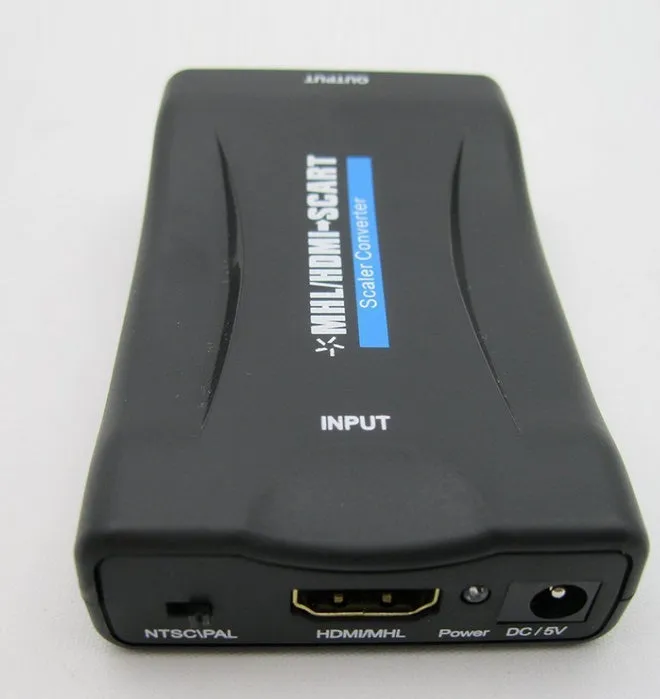 1080P HDMI to SCART bidirectional converter in black ABS plastic housing with USB cable