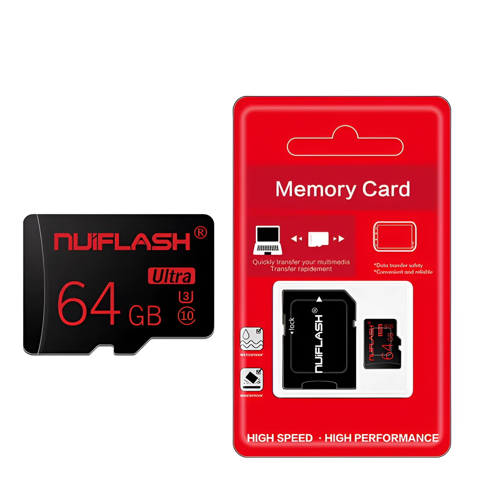 64GB Class 10 high speed micro SD memory card with adapter and write protection switch