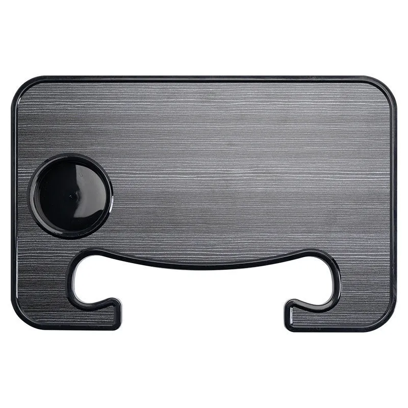 Foldable black car laptop table with built-in cup holder mounted on steering wheel
