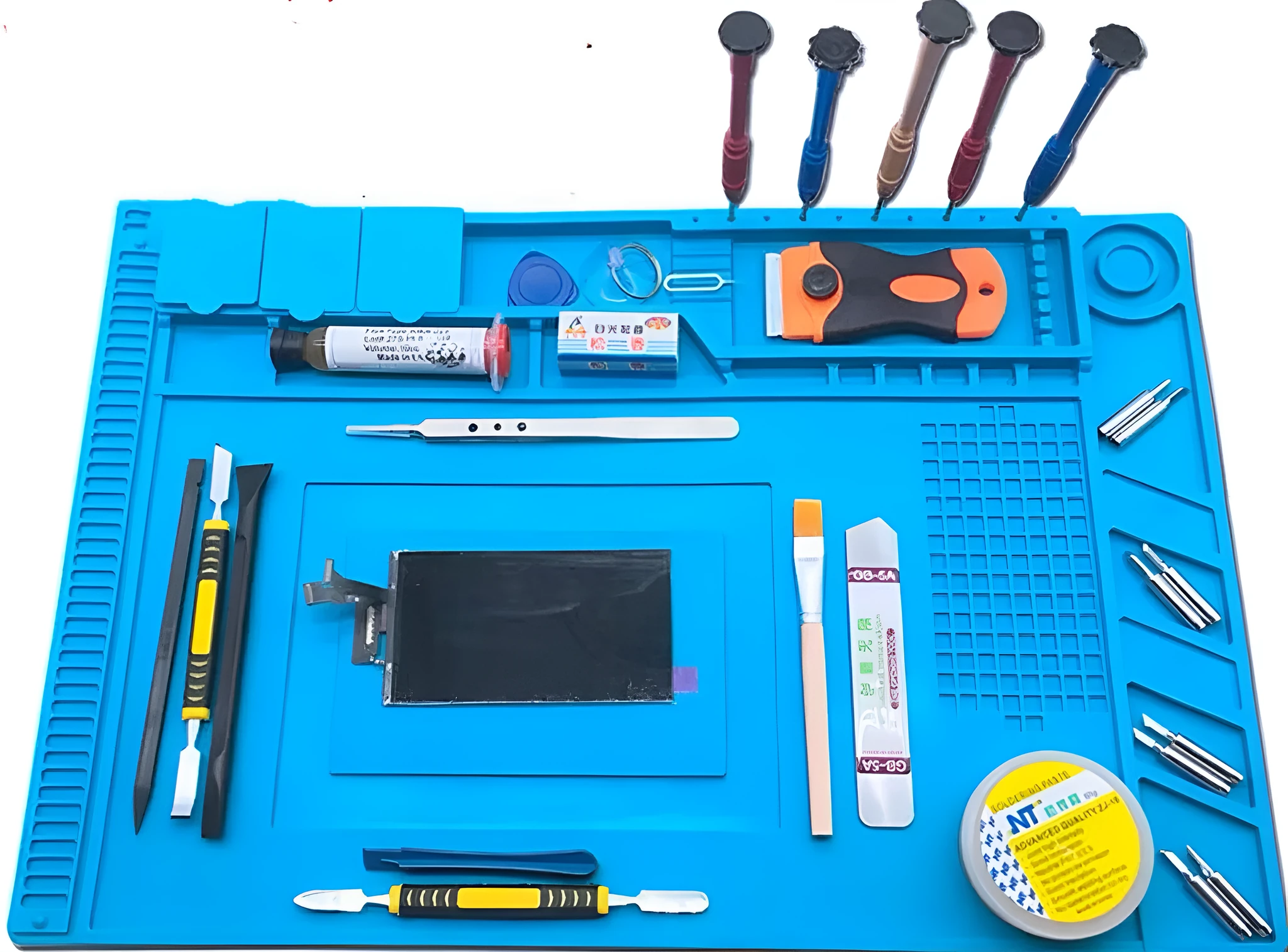 Blue mobile phone computer repair magnetic heat insulation work mat on a desk