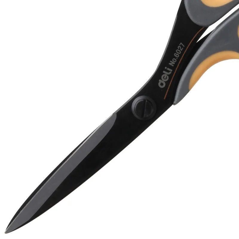 Black plastic handle alloy stainless steel scissors 175mm 6 inch blade on white background