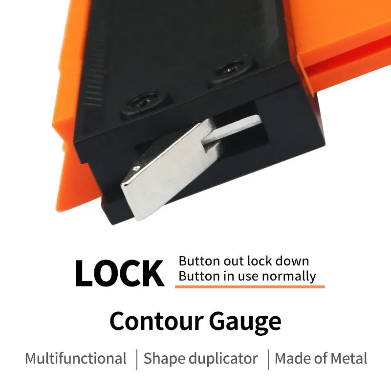 Orange 10-inch contour gauge with plastic teeth pressed against a pipe, creating a template for marking cuts