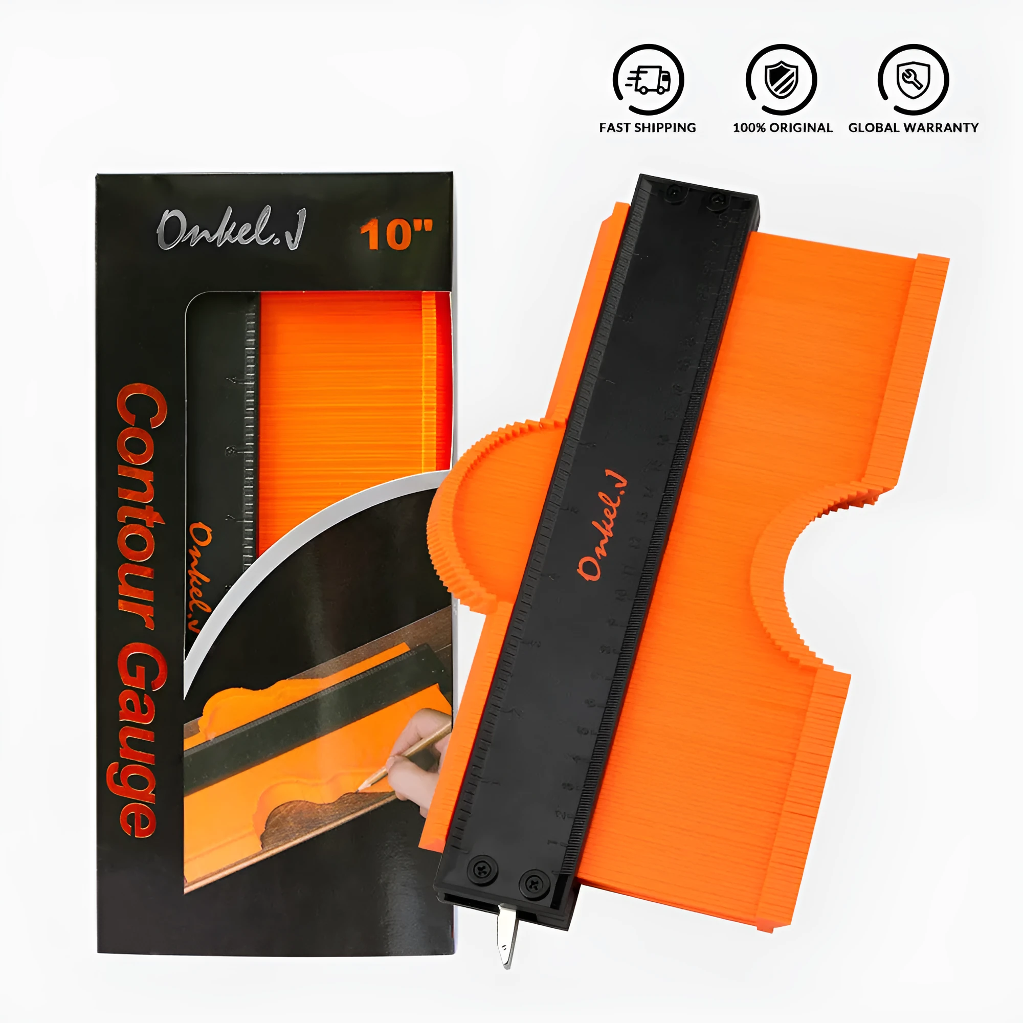 Orange 10-inch contour gauge with plastic teeth pressed against a pipe, creating a template for marking cuts