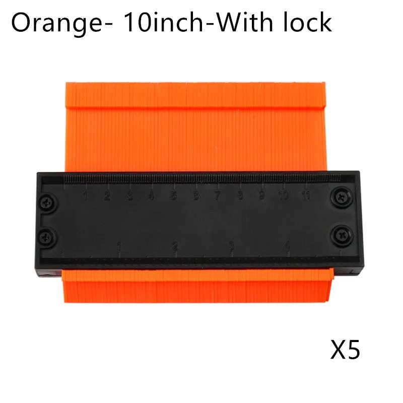 Orange 10-inch contour gauge with plastic teeth pressed against a pipe, creating a template for marking cuts