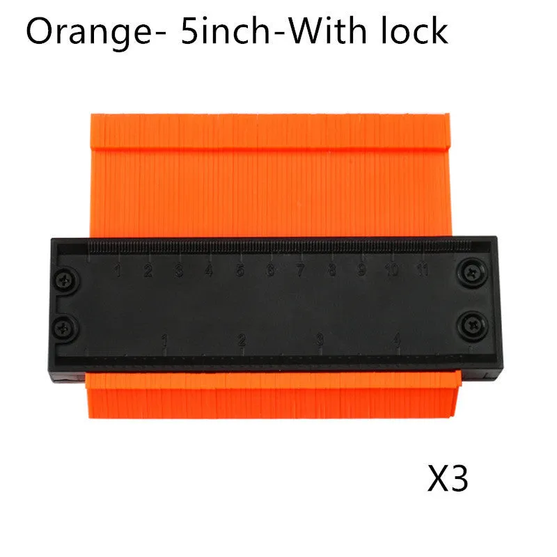 Orange 10-inch contour gauge with plastic teeth pressed against a pipe, creating a template for marking cuts