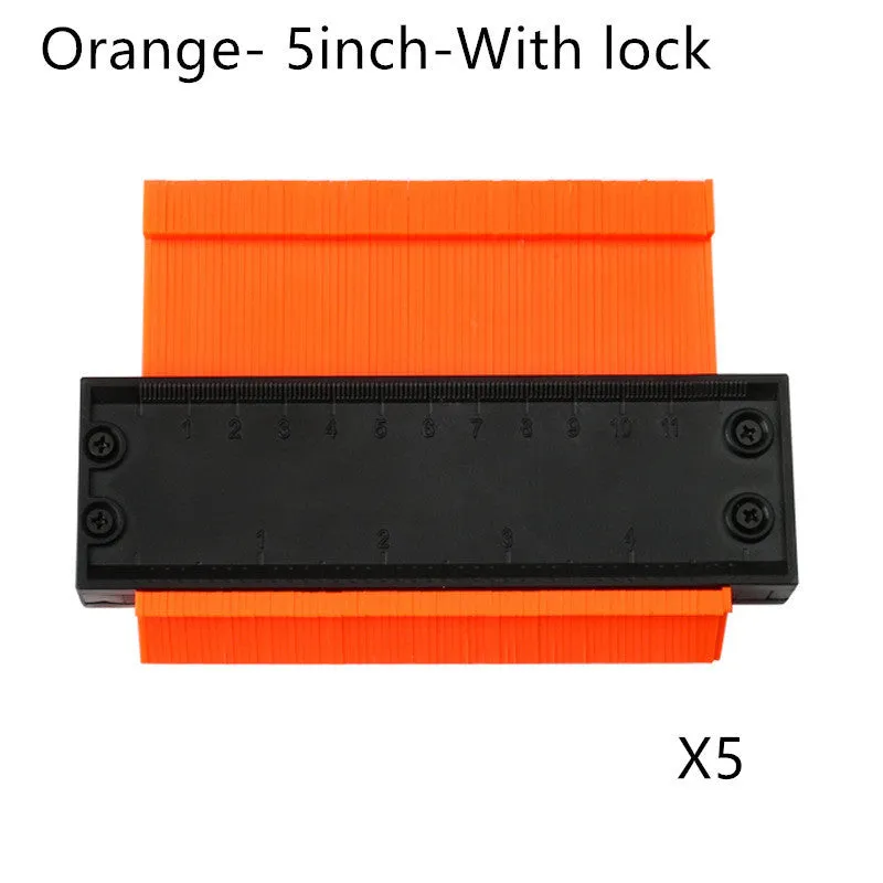 Orange 10-inch contour gauge with plastic teeth pressed against a pipe, creating a template for marking cuts