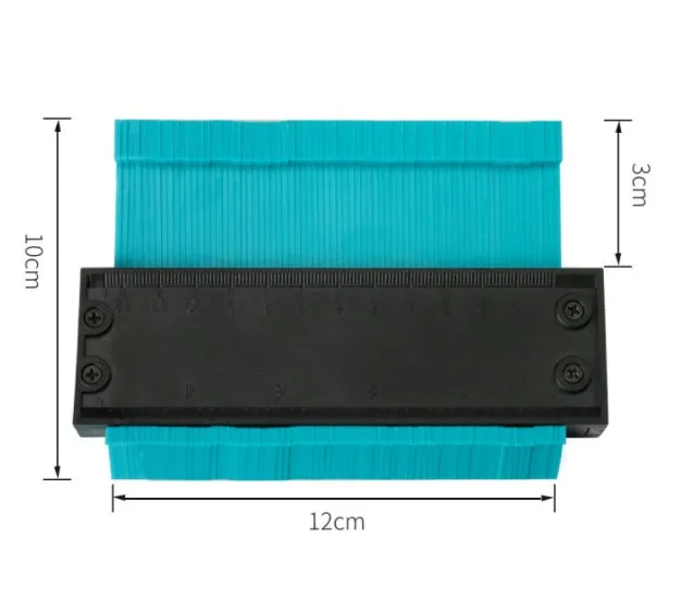 Orange 10-inch contour gauge with plastic teeth pressed against a pipe, creating a template for marking cuts