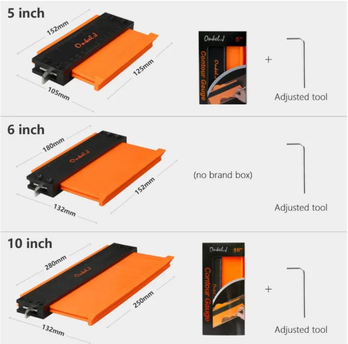 Orange 10-inch contour gauge with plastic teeth pressed against a pipe, creating a template for marking cuts