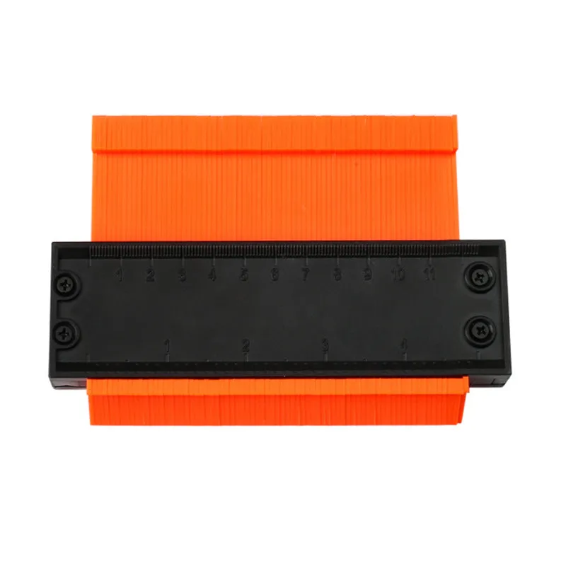 Orange 10-inch contour gauge with plastic teeth pressed against a pipe, creating a template for marking cuts