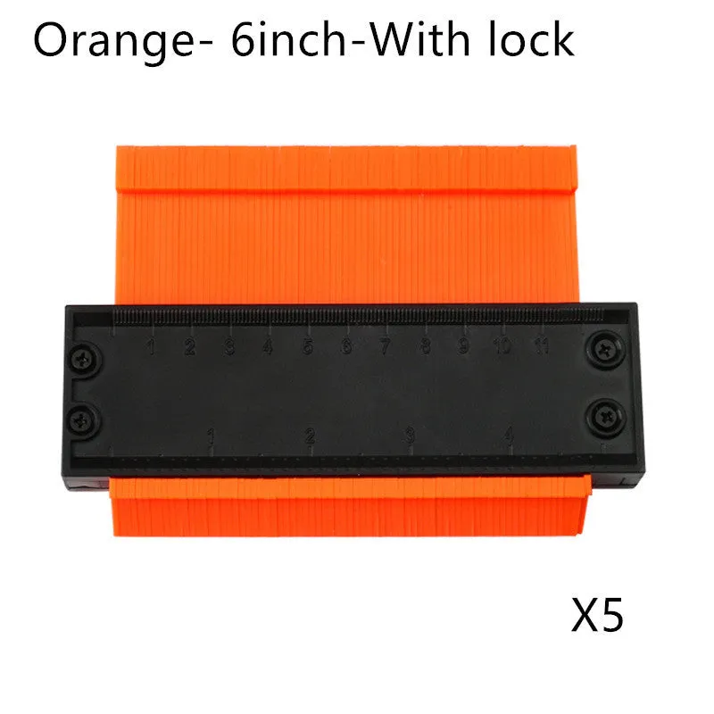 Orange 10-inch contour gauge with plastic teeth pressed against a pipe, creating a template for marking cuts