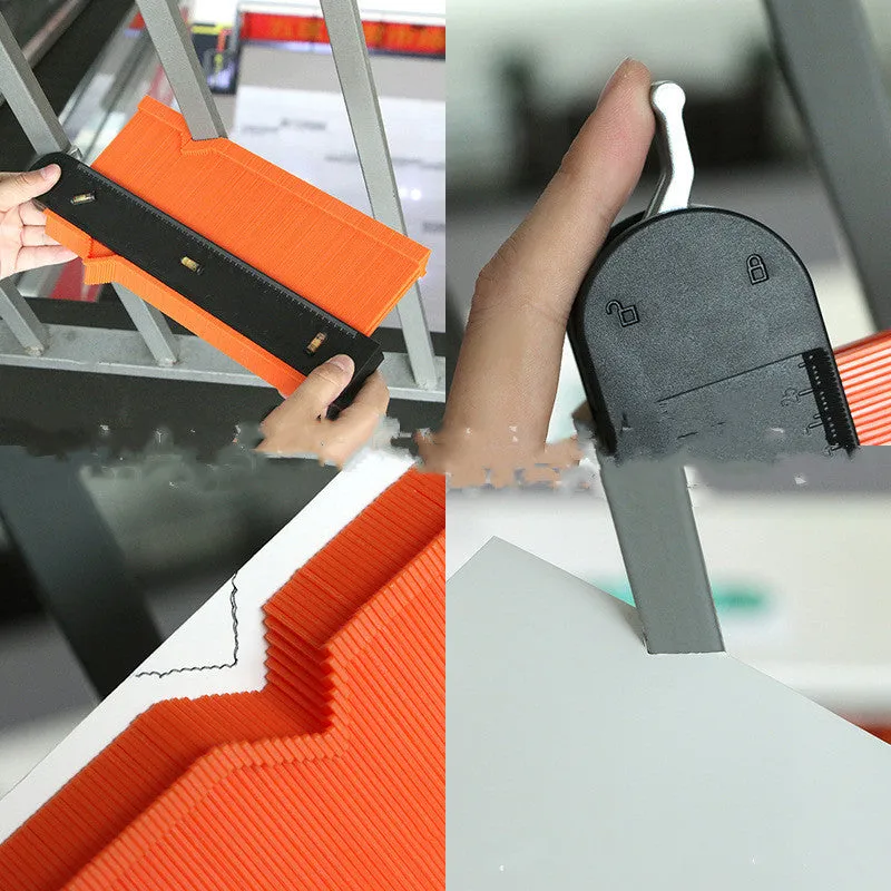 Orange 10-inch contour gauge with plastic teeth pressed against a pipe, creating a template for marking cuts