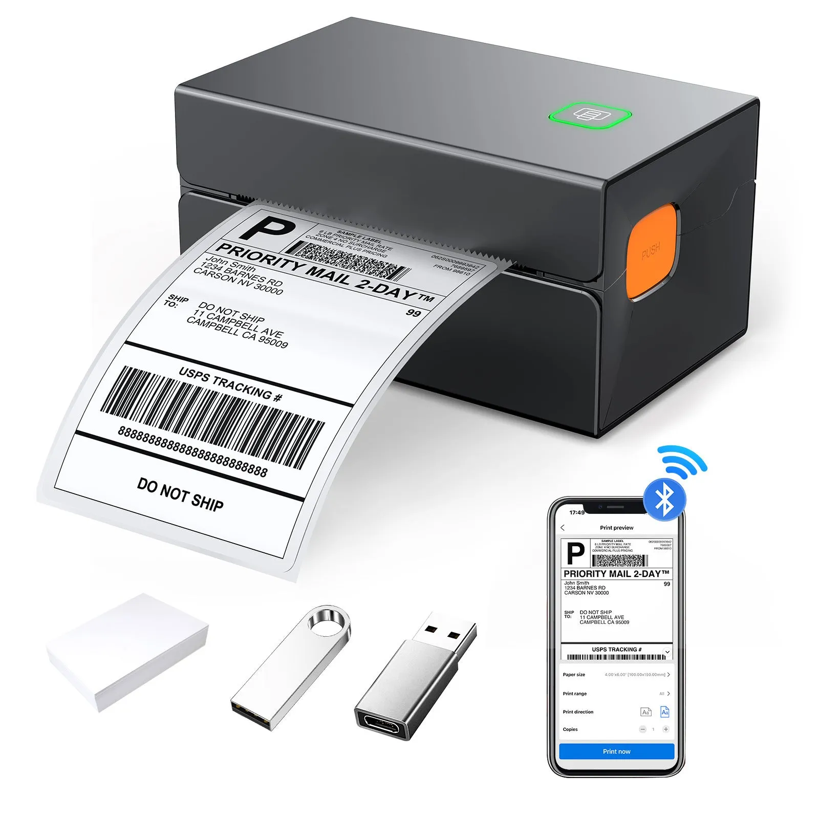 Black thermal label printer for express orders, USB interface, polystyrene plastic and metal body, 2kg, modern style