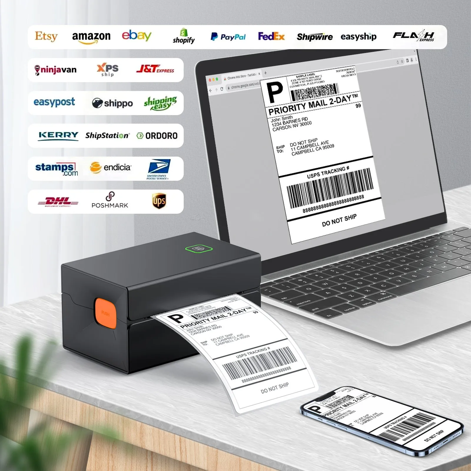 Black thermal label printer for express orders, USB interface, polystyrene plastic and metal body, 2kg, modern style