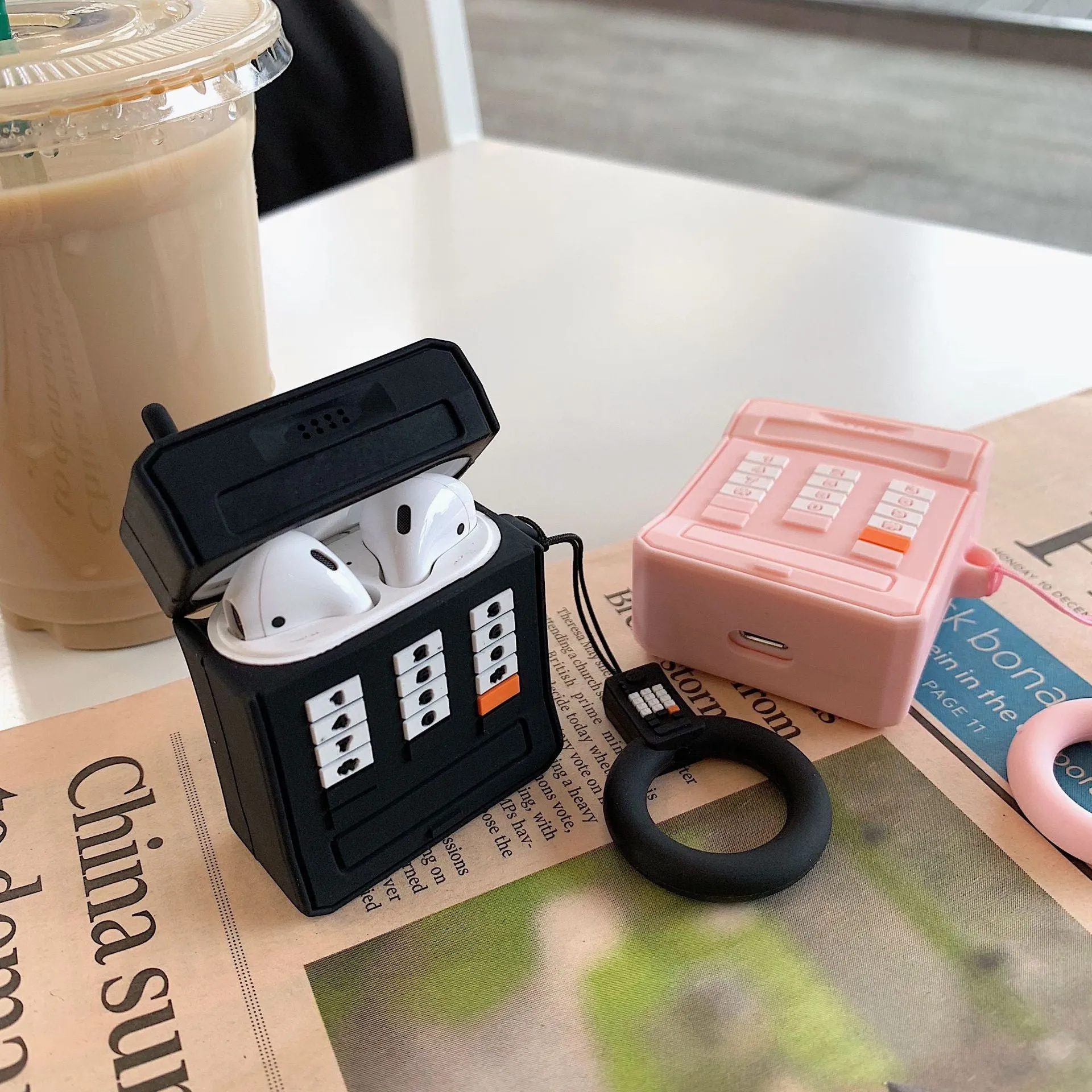 Pink and black cartoon silicone protective cover for AirPods 1st and 2nd generation charging case