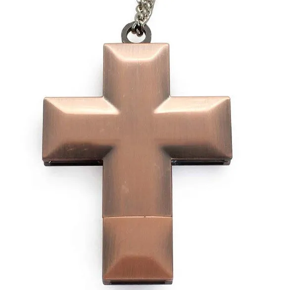 Golden metal cross-shaped USB flash drive with 32GB capacity and USB 2.0 interface
