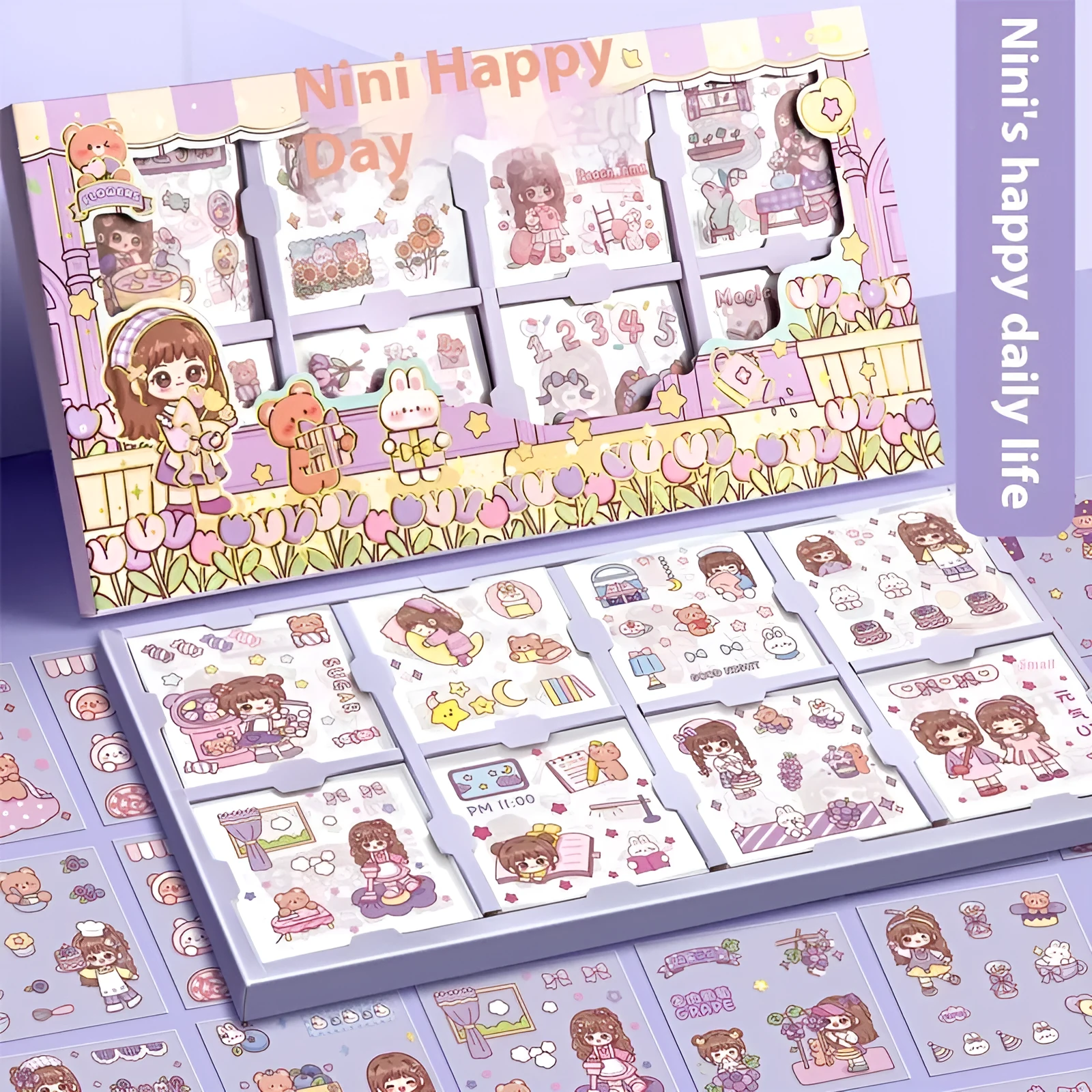 Children's removable sticker set with five themed designs in a box